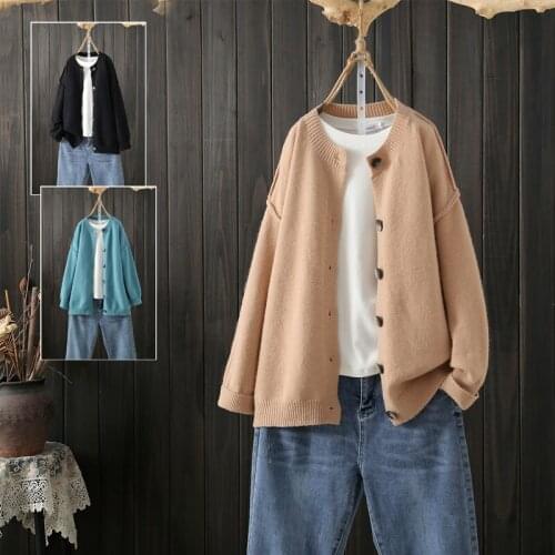 Sweater Jacket Womens Solid Cardigan Retro Literary Round Neck Long Sleeve All-Match Casual Knitted Sweater Autumn Winter New