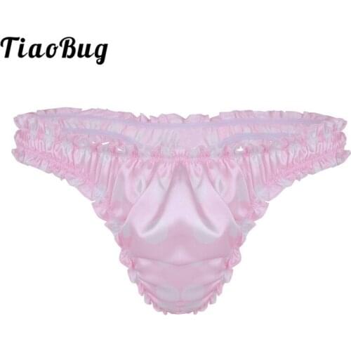 TiaoBug Men Bikini Briefs Thong Underwear Lingerie Soft Satin Polka Dot Ruffled Low Rise Sissy Panties Gay Swimwear Underpants