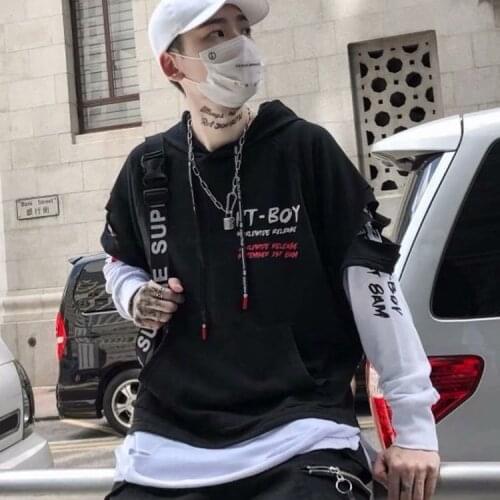 Hip Hop Sweatshirts Mens T Shirt Long Sleeve Casual Harajuku Fashion Patchwork Hoodies Male Streetwear Fake Two Pieces Pullover