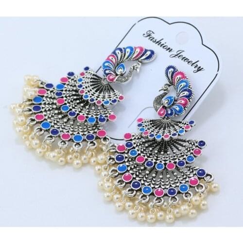 Vintage Boho Peacock Earrings for Women Boho Cute Pearl Beads Dangle Long Tassel Earring Ethnic Handmade Party Jewelry Oorbellen