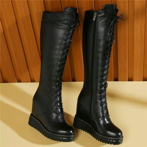 Thigh High Fashion Sneakers Women Lace Up Genuine Leather Wedges High Heel Motorcycle Boots Female Winter Warm Platform Creepers