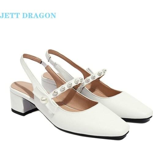 Black Beige Apricot Women Pumps Fashion Buckle Mary Jane Shoes Square High Heel Pearl Shoes Ladies Spring Summer Dress Shoes 43