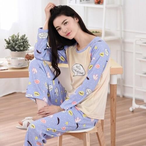 Women spring and autumn cotton long sleeve full length pants home cute fashion two piece pajama sets women pajamas set