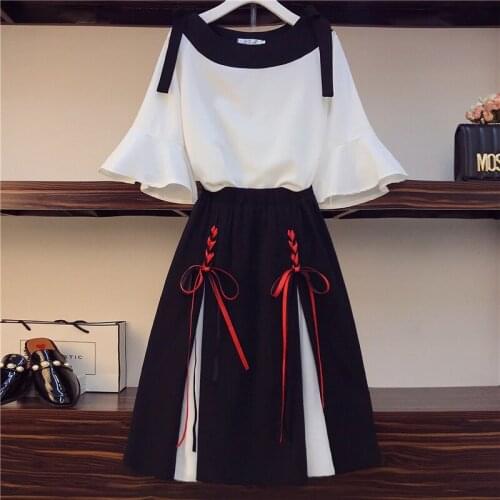 Women Summer Shirt 2-piece Set Off shoulder Basic pullover+High Waist Patchwork Skirt suits Fashion Suit With Free Braided Belt