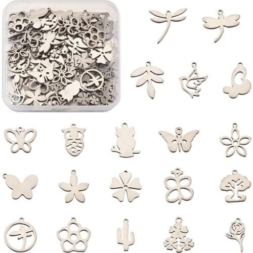100pcs/box Small 304 Stainless Steel Pendants Charms Laser Cut Mixed Shape for Jewelry Making DIY Bracelet Necklace