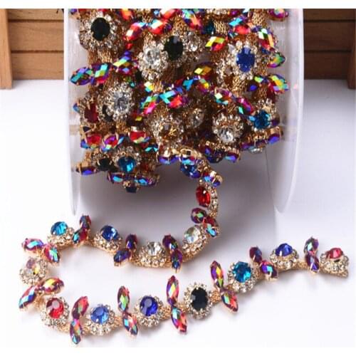 Fancy Glass Rhinestone Flower Trimming Chain Wedding Decoration Crystal And Stone Diy Accessories Sew On Clothing Shoes Bags