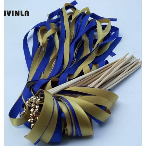 50pcs/lot Gold & royal wedding ribbon wands With gold Bells for wedding party