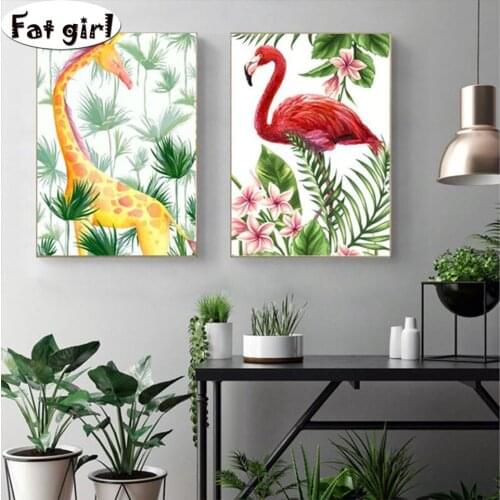 5D diamond painting Modern home decoration cross stitch embroidery Flamingo and Giraffe mosaic plant picture square round art