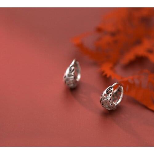 925 Sterling Silver Retro Bag Shape Oriental Bali Huggie Hoop Earrings A1926