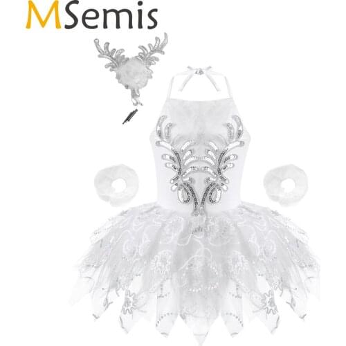 Toddler Kid Girls Sparkling Feather Ballet Dance Dress Sleeveless Backless Leotard Mesh Tutu Skirted Ballerina Swan Dancewear