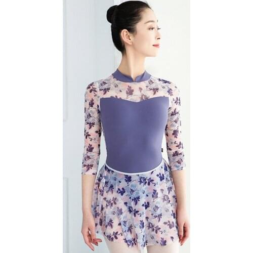 Ballet Leotard Adult Gymnastic Leotard Ballerina Floral Ballet Leotards for Women Long Sleeve Ballet Dress Mesh Dance Skirt