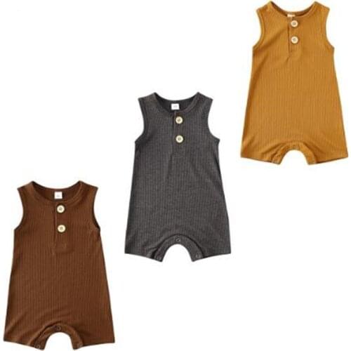 Infant Baby Boys Girls Sleeveless Rompers Solid Plain Button Rompers Jumpsuits Pajamas Summer Baby Clothing Outfits 0-18M