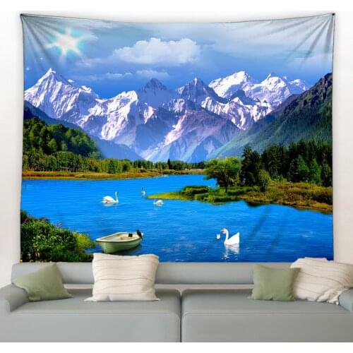 Landscape Tapestry Mountain Lake Swan Wall Hanging Tapestries Bohemian Carpet Bedroom Living Room Decor Blanket Space Beach Mat