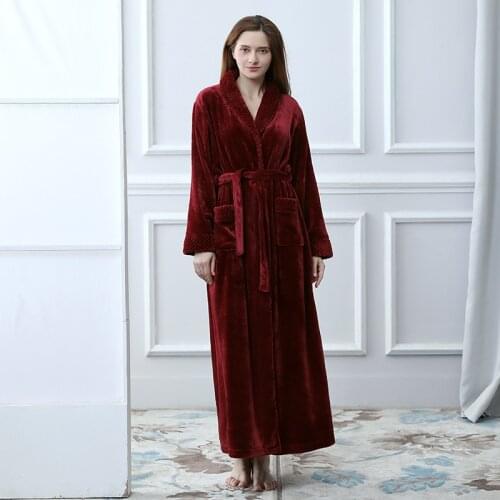 Female Winter Warm Robe Thick Flannel Kimono Bathrobe Gown Solid Color Sexy Long Sleeve Nightgown Lady Home Dressing