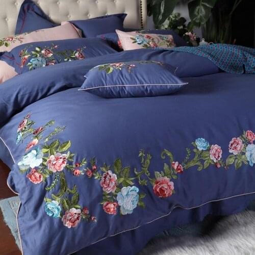 Nice 100% Egyptian Cotton Embroidered Luxury Royal Bedding Set 4/6Pcs King Queen Duvet Cover Bed Sheet set Pillowcase blue Hotel
