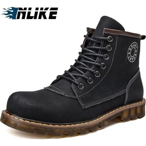 INLIKE Men Flats Military Boots Handmade Genuine Leather Ankle Boots Lace Up Men Fashion Martin Short Boots