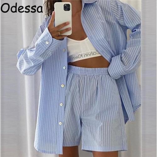 Odessa Summer Stripe Shorts Two Piece Set Women Long Sleeve Shirt Loose Short Pants Matching Suits Casual Loungewear Outfit 2021