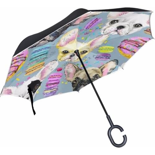 Creative Watercolor French Bulldog Inverse Umbrellas C-Hook Handle Reverse Folding Double Layer Windproof Rainy Sunny Umbrella