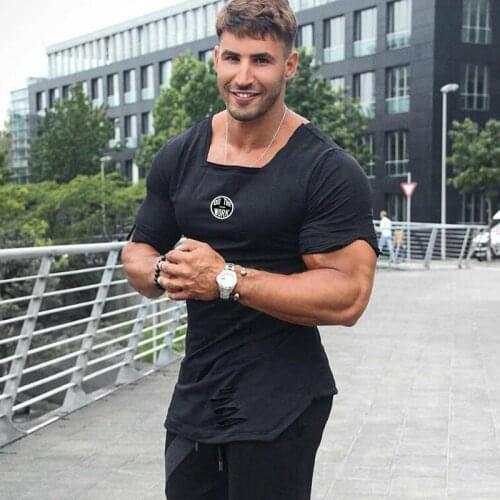 New Brand Clothing Summer Fashion T Shirt Men Ripped Hole Fitness T-shirt Gyms Short Sleeve Solid Slim Fit Tights Tshirt