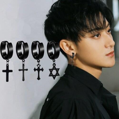 New Popular 1 piece Stainless Steel Hoop Earrings For Men/Women Punk Black Silver Cross Star Earring Hip Hop Jewelry Gifts
