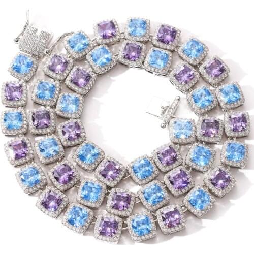 Hip Hop Rhinestone Necklace Blue Purple Cubic Zircon Tennis Chain Link for Men Women Couple Jewelry