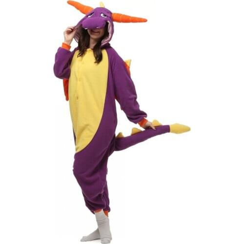 2019 New Purple Fly dinosaur Dragon Unisex Adults Flannel Hooded Pajamas Cosplay Cartoon Animal Onesies Sleepwear For Women Men