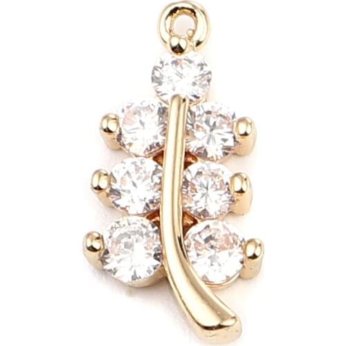 5PCs Copper Charms Gold Color Leaf Clear Rhinestone Pendant For Jewelry DIY Findings