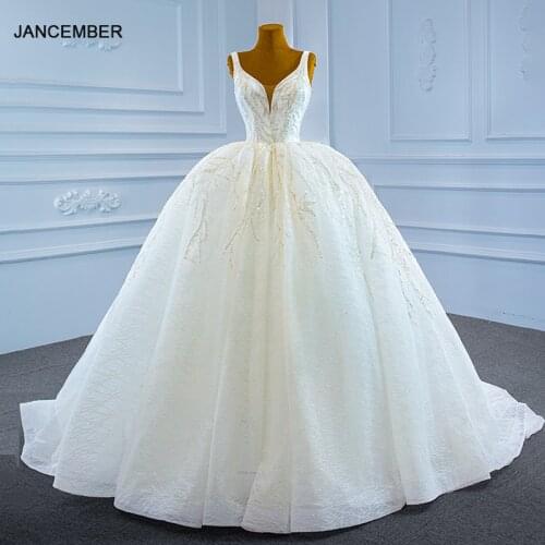 RSM67247 White Sexy Lace Deep v-Neck Wedding Bridal Gown 2021year Beading Decoration Back Lace-Up Design Banquet Dress