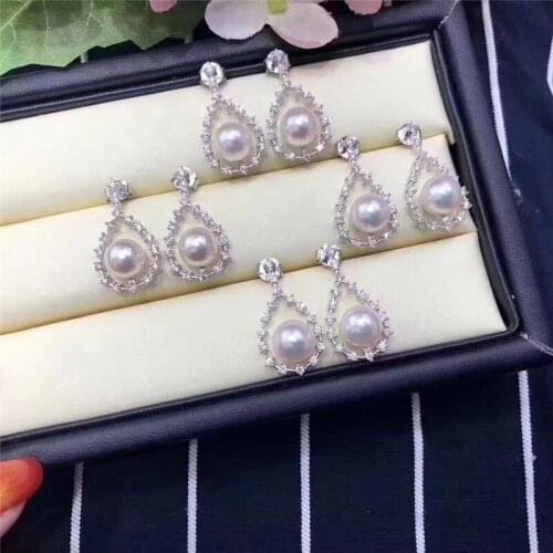 New fashion natural freshwater white pearl 7-8mm Tibetan silver earrings inlay zircon