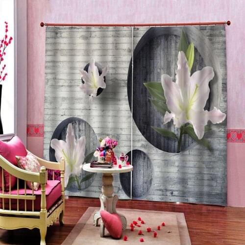 Modern style Pink flower lily Curtains for living room Bedroom Curtain Gray background Drapes Decor (left and right side)