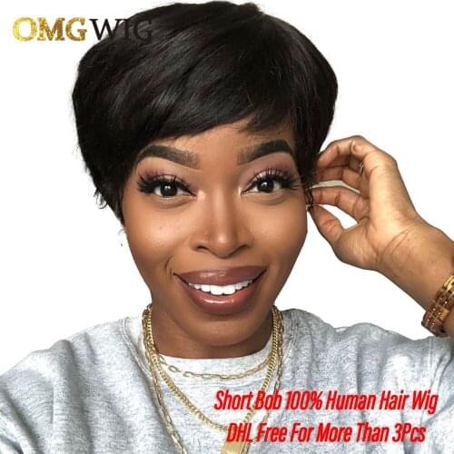 Wavy Short Cut Pixie Bob Blunt Full Machine Made Human Hair No Lace Wig For Black Women Preplucked With Baby Hair Brazilian OMG
