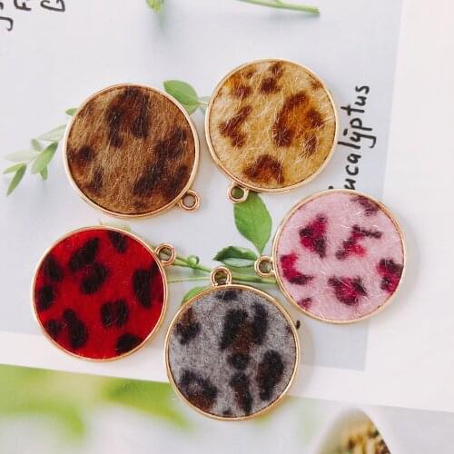 DIY Jewelry Findings Gold Tone Plated Zinc Alloy Round Fashion Velvet Leopard Earring Floating Pendants Necklace 30pcs 25*28mm