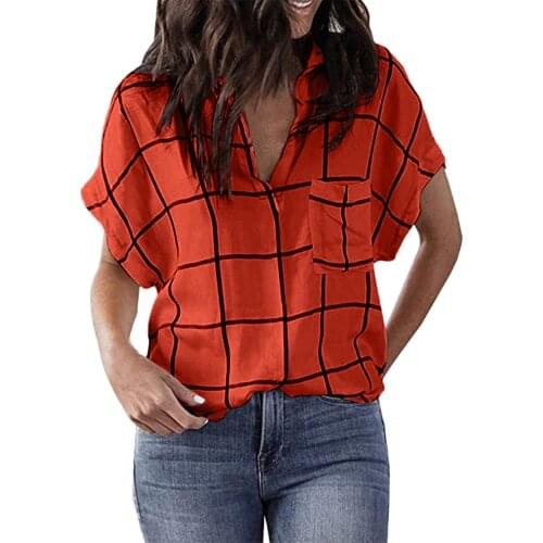 Short Sleeve Printing Prints Striped T-Shirts Women Loose Plaid Pocket V-Neck Shirts For Woman Tshirts Casual Workwear Clothes