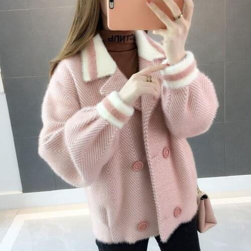 Autumn Winter Women Imitation Mink Cashmere Jacket New Fashion Short Loose Female Double Breasted Knit Cardigan Outerwear 297