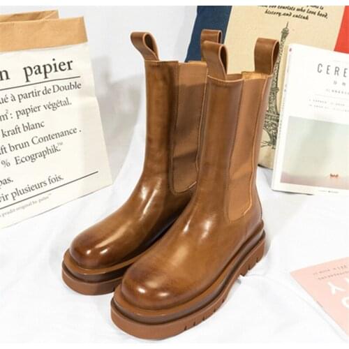 Retro Women Chelsea Boots Thick Sole Platform Ankle Boots Brown Genuine Leather Botas Mujer Ladies Autumn Flat Boot