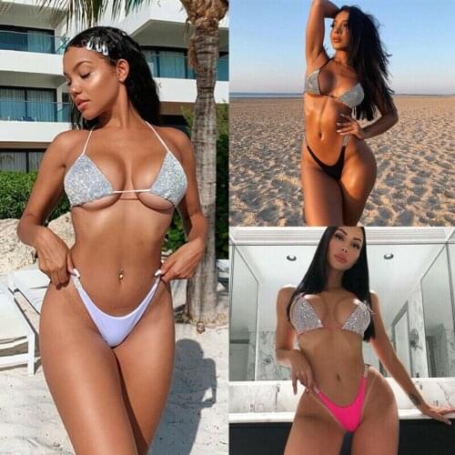 Women Sequin Rhinestone Crystal Diamond Push Up Bikini Set Bra Swimsuit Swimwear Summer Beach Wear Monokini Bandage Bathing Suit