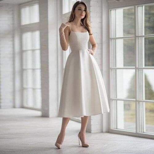 Simple A Line Short Wedding Dress Tea Length Square Collar White Ivory Elegant Bridal Gowns Plus Size Robe De Mariée