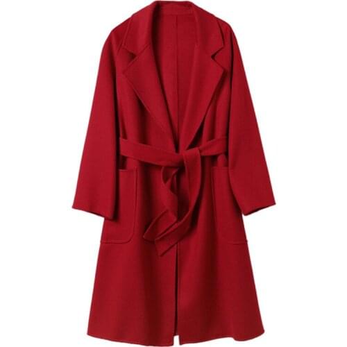 Water Ripple Wool Womens Coat 2021 Autumn Winter New Solid Color Lace Up Double-Sided Cashmere Coat Leisure Long Coat C111