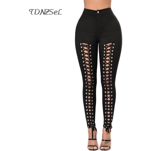 2018 Sexy High Waist Hollow Out Pencil Pants Black Skinny Cross Bandage Trousersn Women Ankle-Length Hole Leggings Party Club
