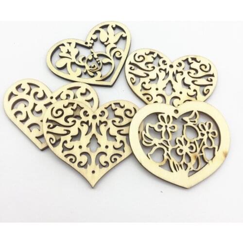 10pcs 50mm Natural Unfinished Wood Mixed Floral Hearts Charms Pendants Embellishments Hanging Ornament DIY Arts Crafts
