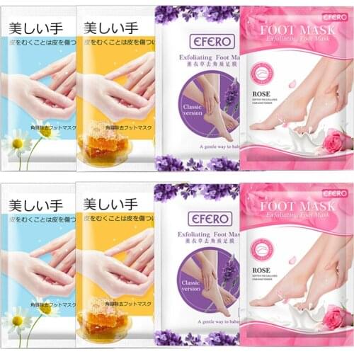 4Pair Whitening Hand Mask Gloves Hand Care + 4Pair Exfoliating Foot Mask Spa Socks for Pedicure Foot Cream for Heels Feet Mask