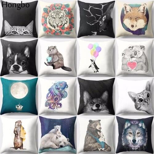 Hongbo 1 Pcs Cute Cartoon Tiger Wolf Dog Cat Sloth Penguin Deer Elk Pattern Cushion Cover Sofa Pillow Case Home Decor