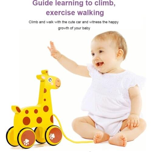 Wooden Cartoon Animal Drag Car Baby Early Education Puzzle Push And Pull Toddler Car Building Block Toy Car Gift