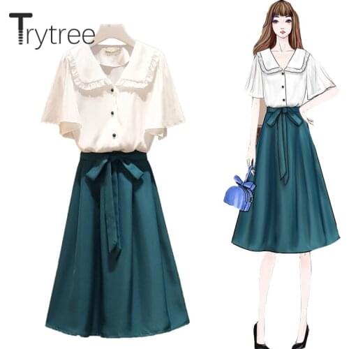 Trytree 2020 Summer Women two piece set Casual Peter pan Collar Single Breasted Loose Tops + Skirt Belt Fashion Set 2 piece set
