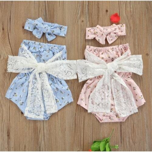 Fashion Baby Girls Outfit Sweet Style Summer Floral Printing Bow Lace Strapless Sleeveless Romper Headwear