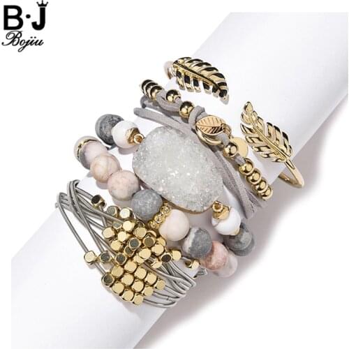 New Natural Stone Beads Bracelet Set Femme 2020 Boho Gold Leaf Quartz Druzy Bangles Charm Bracelets For Women Jewelry BCSET304