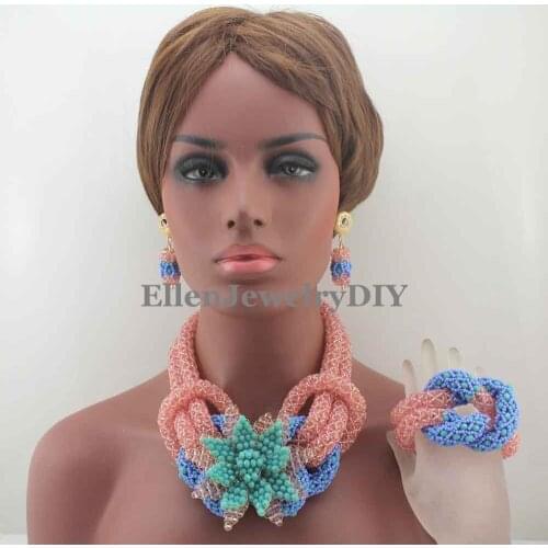 New Pink/Lake Blue Flower Nigerian Wedding Crystal beads Jewelry Set Mix African Beads Jewellery Set Free Shipping W13263
