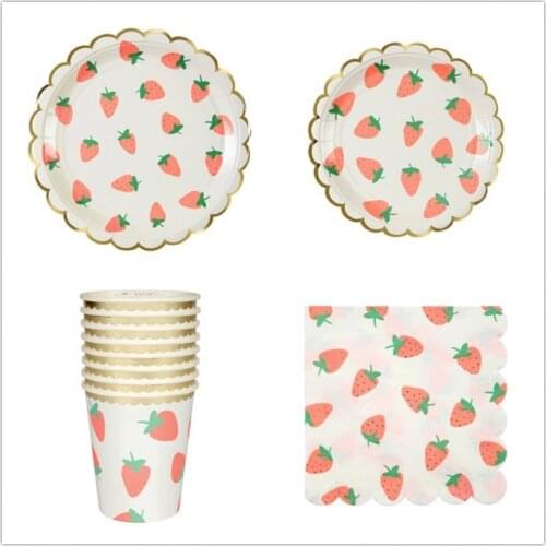 Strawberry Round Paper Plate Cup High Quality ThickeningParty Disposable Cutlery Dishes Cake Fruit Tableware Set