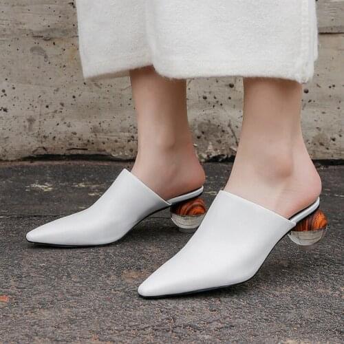 ORCHA LISA New woman slippers real cow leather shoes woman pointed toe mules ball clear heels sheepskin summer pantoufle