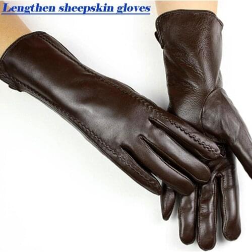 Sheepskin gloves womens mid-length striped style velvet lining autumn and winter warmth ladies brown leather finger gloves